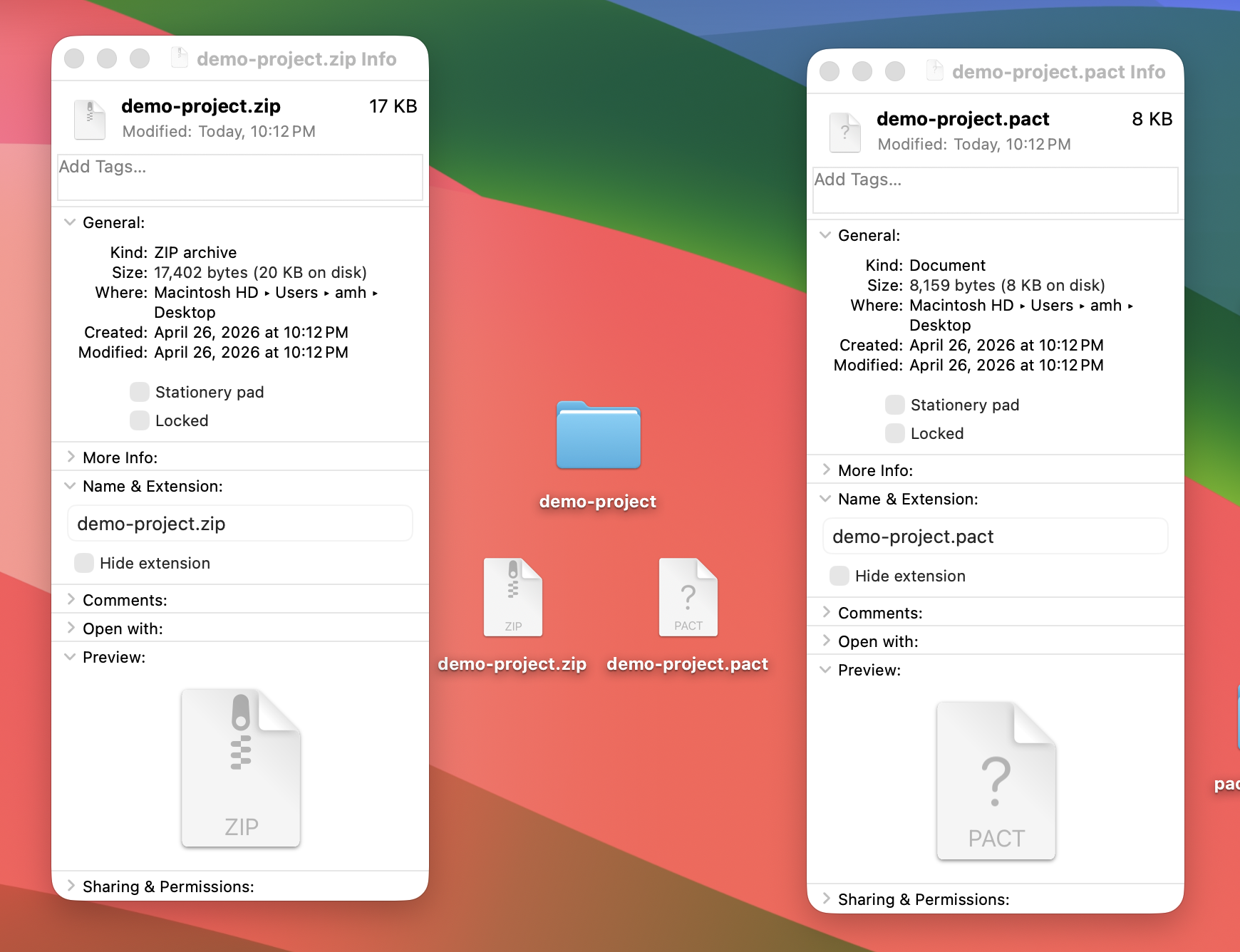 Finder Get Info: ZIP 17 KB vs PACT 8 KB